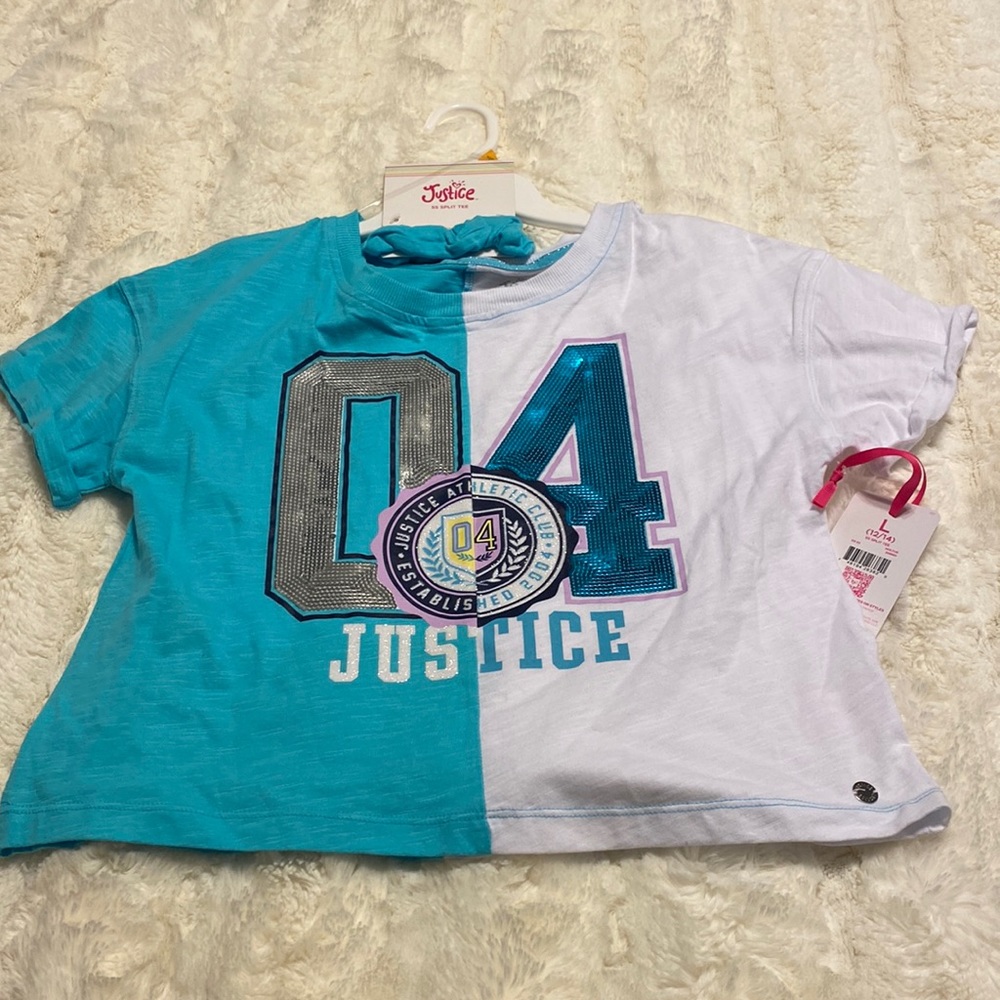 ⭐️NWT Justice girls split graphic oversized T-shirt- L 12/14. White & Turqoise